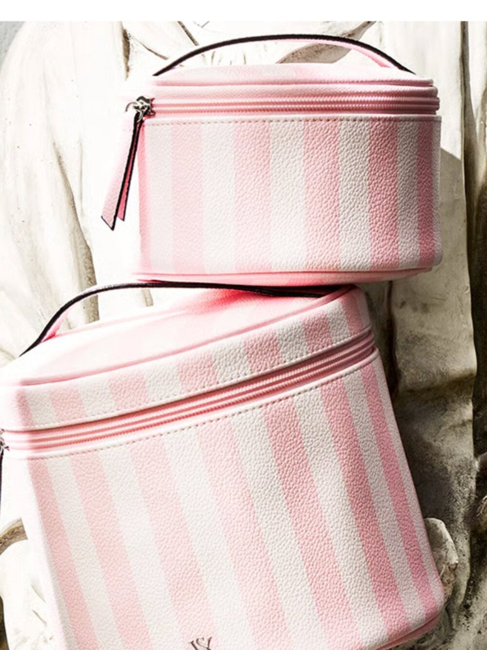 🎀 Victoria's Secret Makeup Heritage Striped Pink Travel Cosmetic Cases NWT